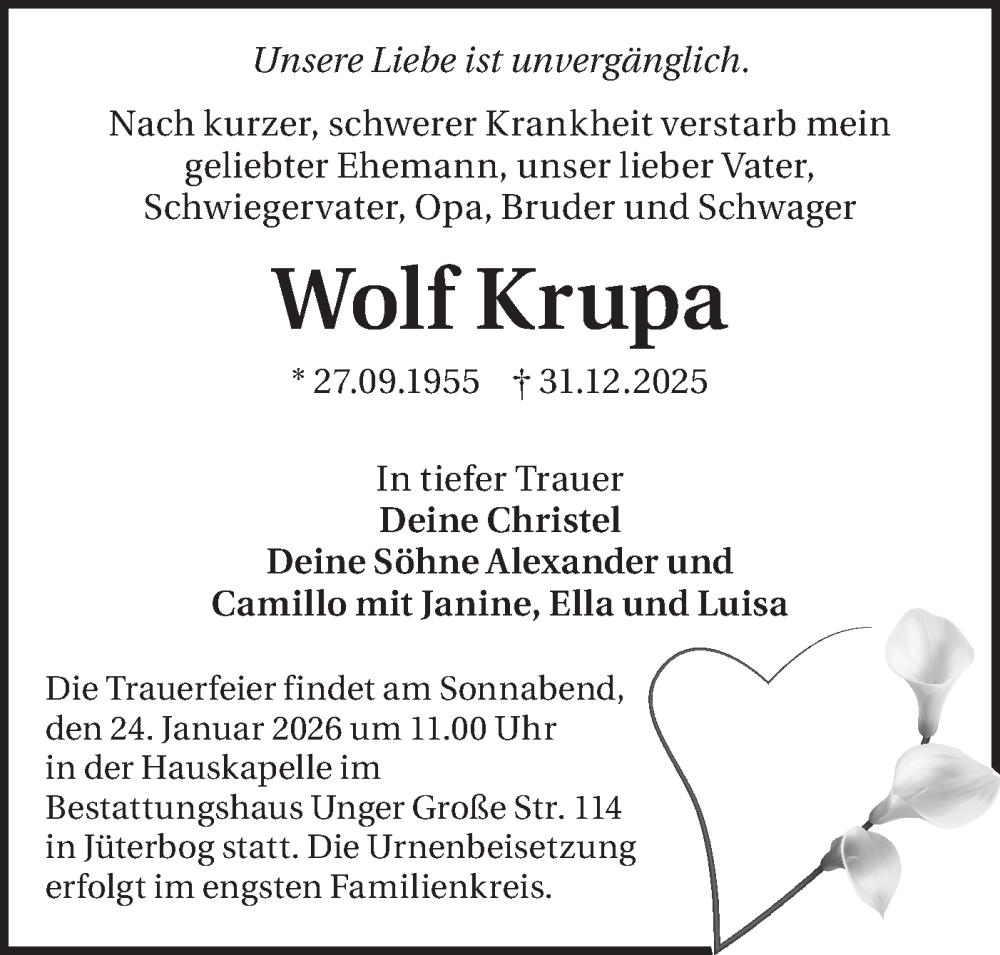  Traueranzeige für Wolf Krupa vom 17.01.2026 aus Blickpunkt Jüterbog/Luckenwalde
