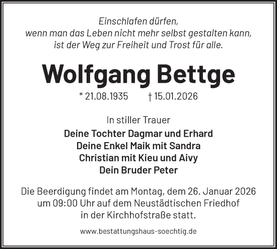 Traueranzeige von Wolfgang Bettge von Märkische Oderzeitung