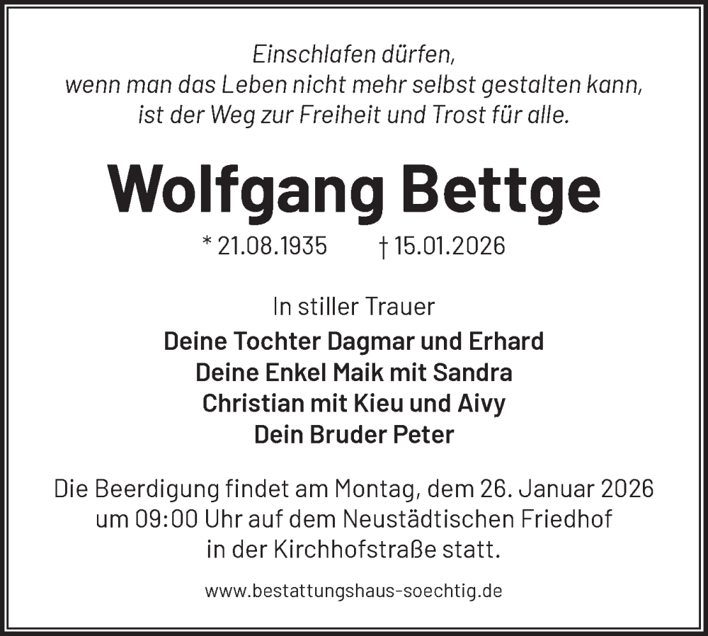  Traueranzeige für Wolfgang Bettge vom 24.01.2026 aus Märkische Oderzeitung