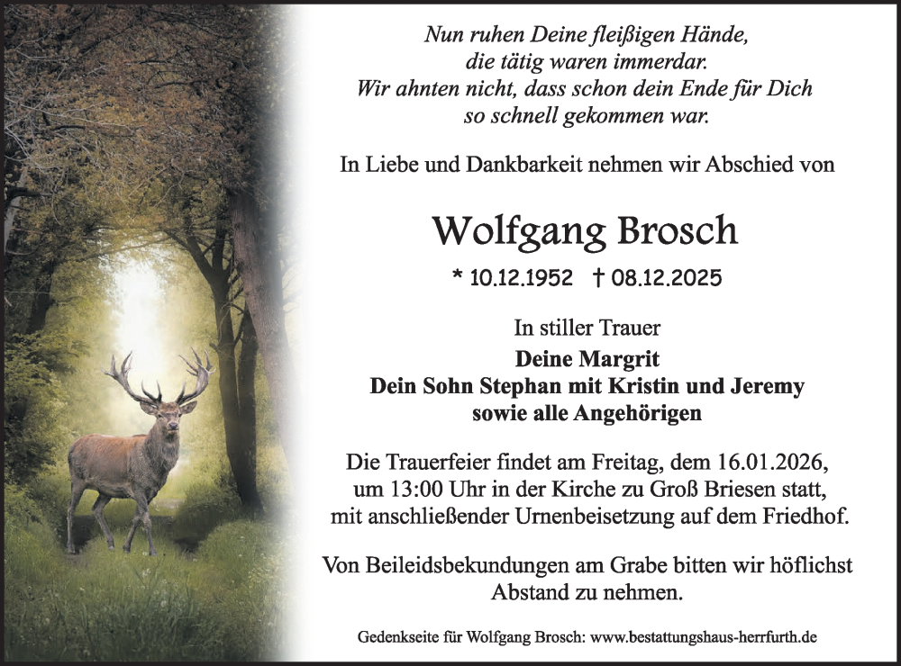  Traueranzeige für Wolfgang Brosch vom 03.01.2026 aus Märkische Oderzeitung
