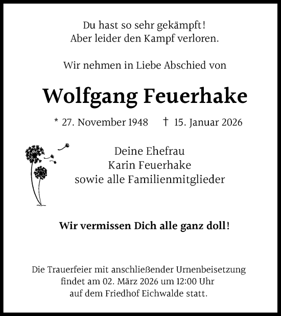 Traueranzeige von Wolfgang Feuerhake von Blickpunkt Königs Wusterhausen