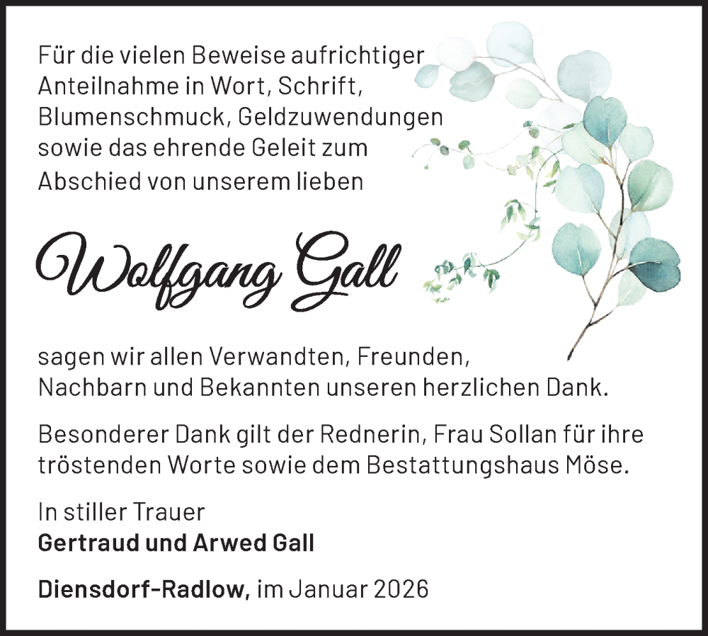  Traueranzeige für Wolfgang Gall vom 17.01.2026 aus Märkische Oderzeitung