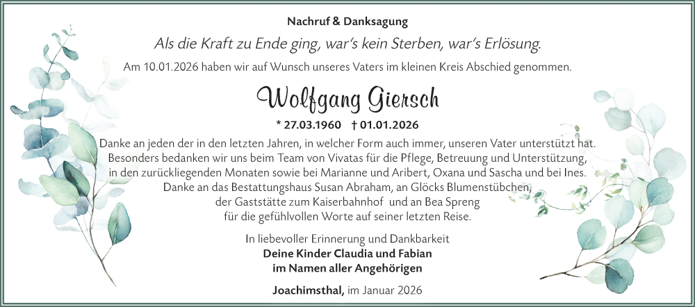 Traueranzeige für Wolfgang Giersch vom 16.01.2026 aus Märkische Oderzeitung