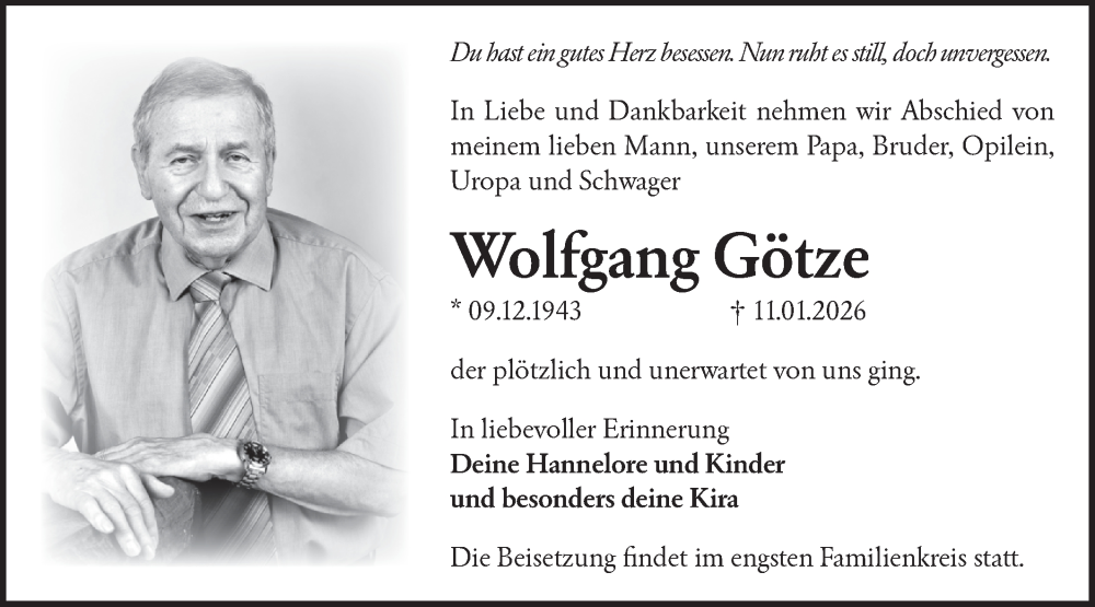  Traueranzeige für Wolfgang Götze vom 24.01.2026 aus Märkische Oderzeitung