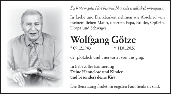 Traueranzeige von Wolfgang Götze von Märkische Oderzeitung