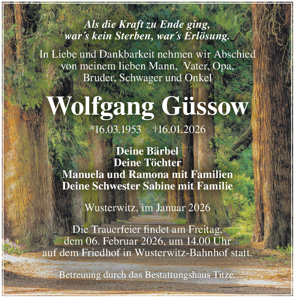  Traueranzeige für Wolfgang Güssow vom 24.01.2026 aus Märkische Oderzeitung