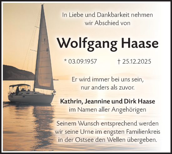 Traueranzeige von Wolfgang Haase von Märkische Oderzeitung