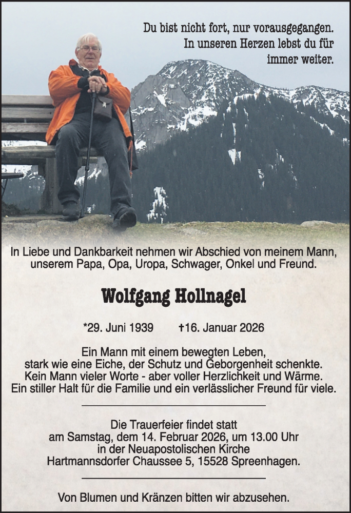  Traueranzeige für Wolfgang Hollnagel vom 31.01.2026 aus Märkische Oderzeitung