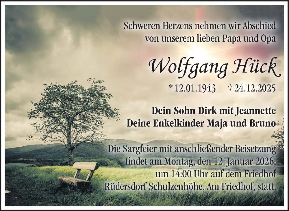  Traueranzeige für Wolfgang Hück vom 03.01.2026 aus Märkische Oderzeitung