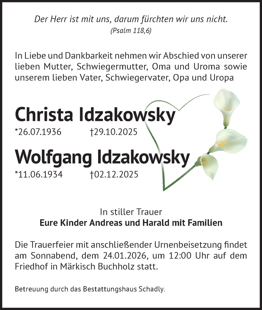  Traueranzeige für Wolfgang Idzakowsky vom 03.01.2026 aus Blickpunkt Königs Wusterhausen