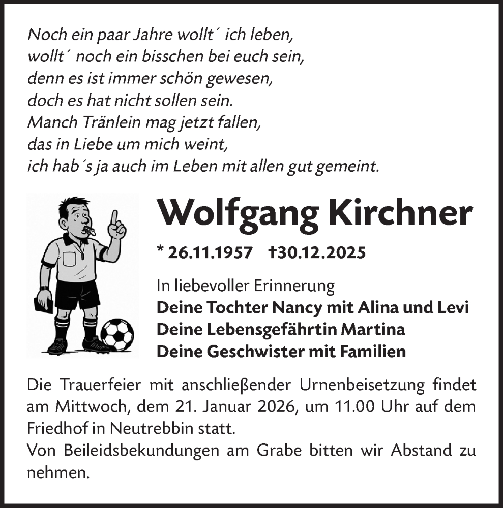  Traueranzeige für Wolfgang Kirchner vom 17.01.2026 aus MO Oderld.-Echo