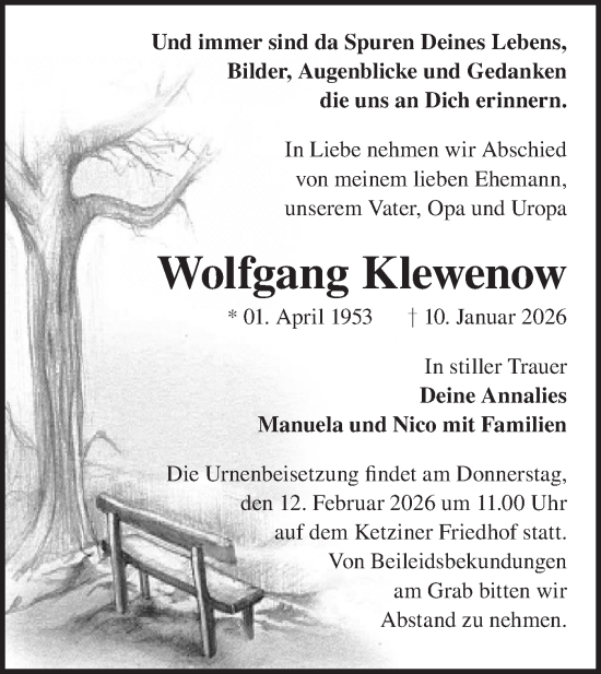 Traueranzeige von Wolfgang Klewenow von Märkische Oderzeitung