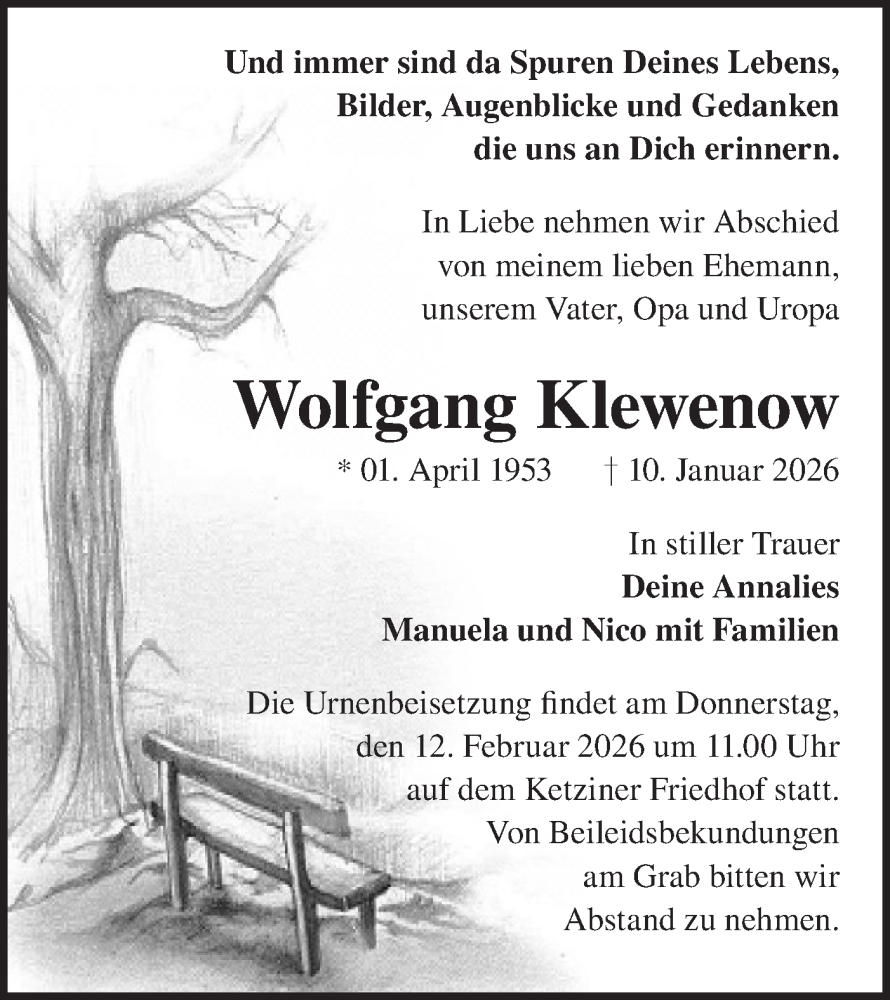  Traueranzeige für Wolfgang Klewenow vom 24.01.2026 aus Märkische Oderzeitung