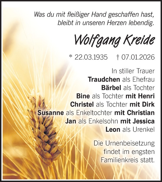 Traueranzeige von Wolfgang Kreide von MO Oderld.-Echo