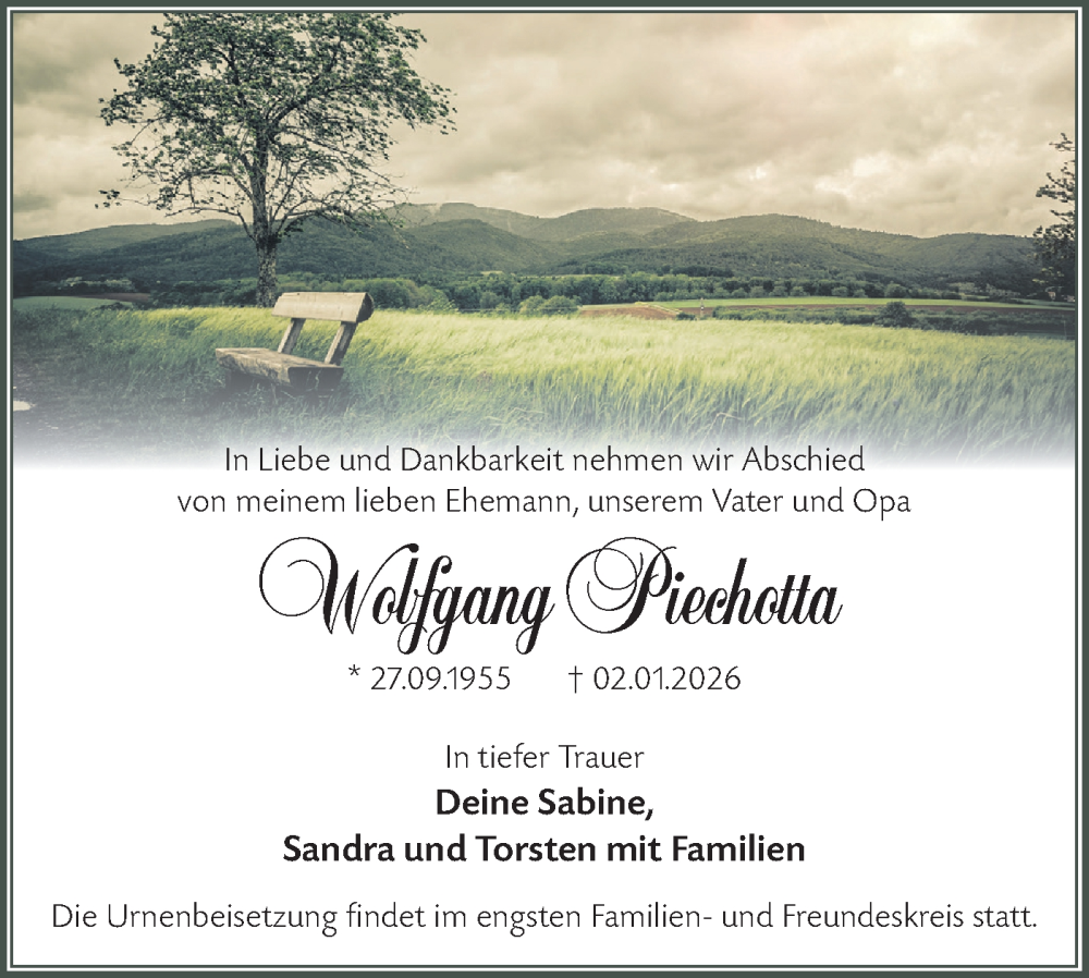  Traueranzeige für Wolfgang Piechotta vom 10.01.2026 aus Märkische Oderzeitung