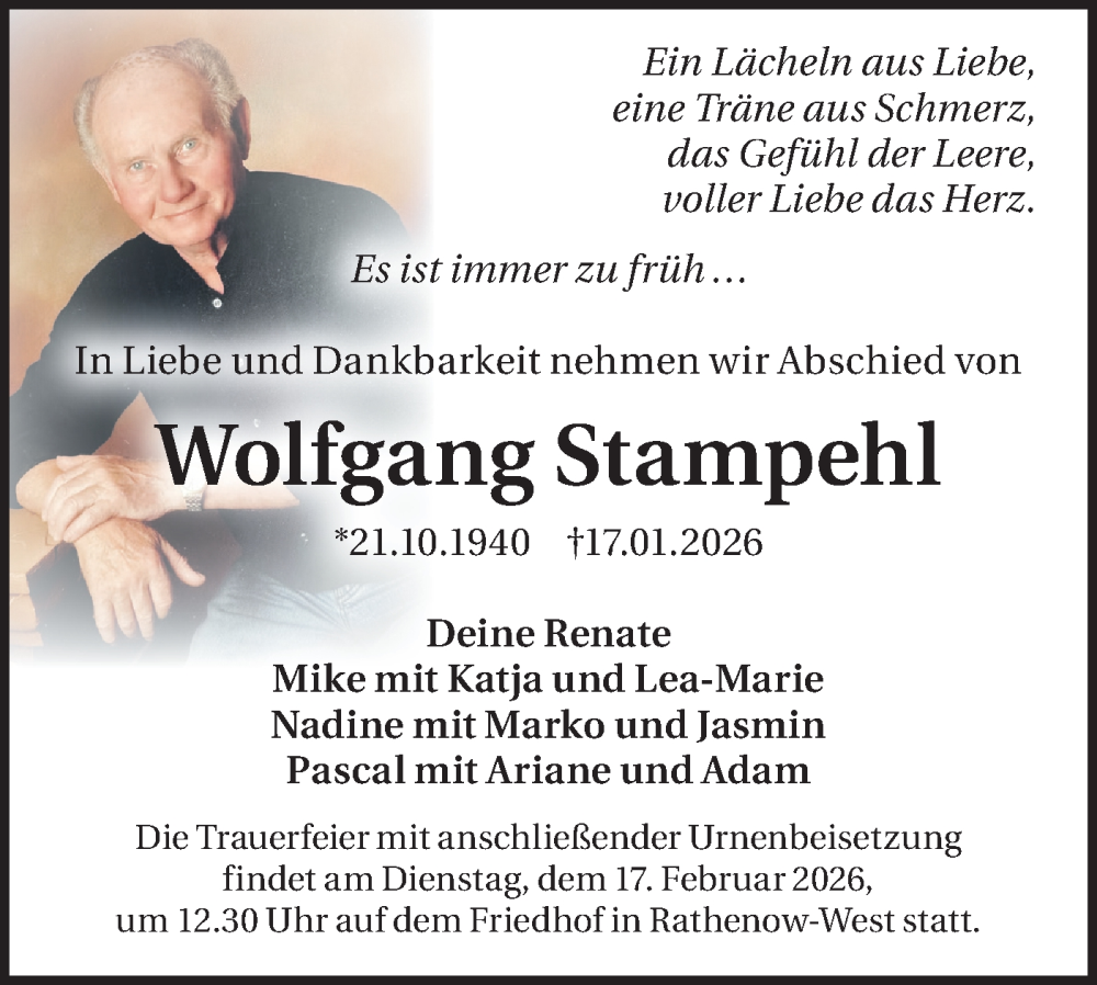  Traueranzeige für Wolfgang Stampehl vom 31.01.2026 aus Märkische Oderzeitung