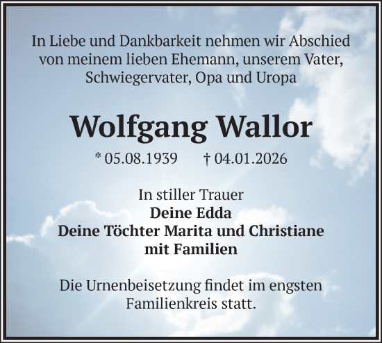 Traueranzeige von Wolfgang Wallor von Märkische Oderzeitung