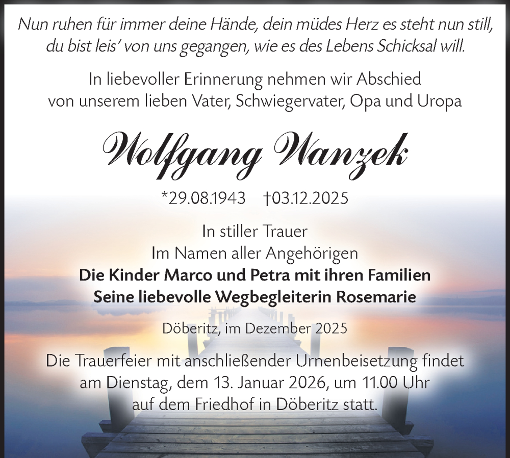  Traueranzeige für Wolfgang Wanzek vom 03.01.2026 aus Märkische Oderzeitung
