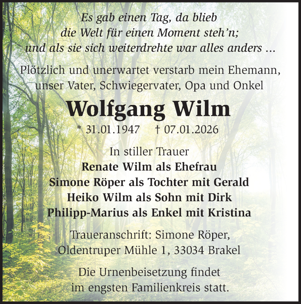  Traueranzeige für Wolfgang Wilm vom 20.01.2026 aus MO Uckerm.-Anz.