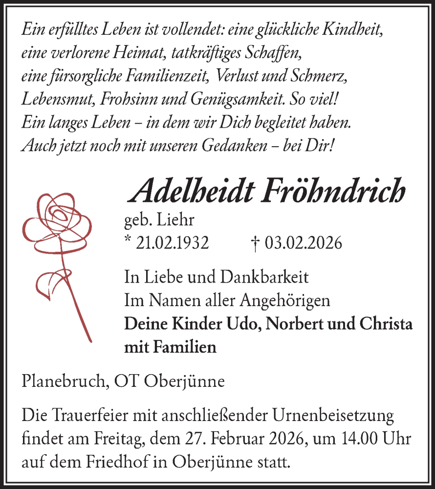  Traueranzeige für Adelheidt Fröhndrich vom 14.02.2026 aus Märkische Oderzeitung