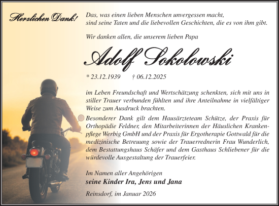 Traueranzeige von Adolf Sokolowski von Blickpunkt Jüterbog/Luckenwalde