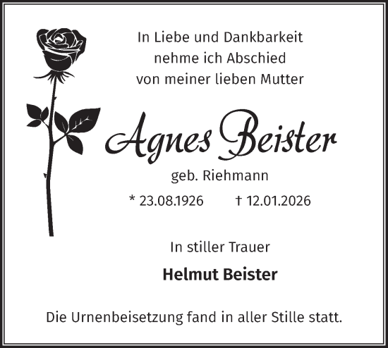 Traueranzeige von Agnes Beister von Blickpunkt Ludwigsfelde/Zossen
