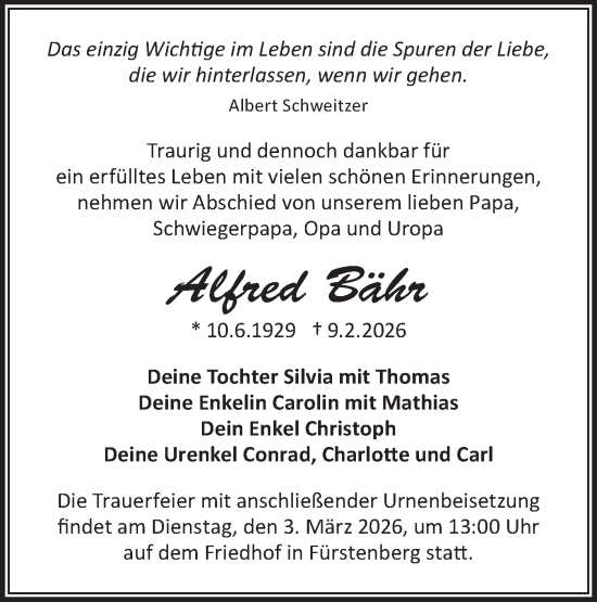 Traueranzeige von Alfred Bähr von Märkische Oderzeitung