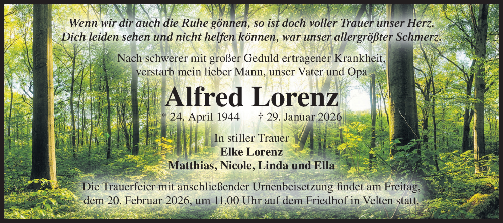  Traueranzeige für Alfred Lorenz vom 07.02.2026 aus Märkische Oderzeitung