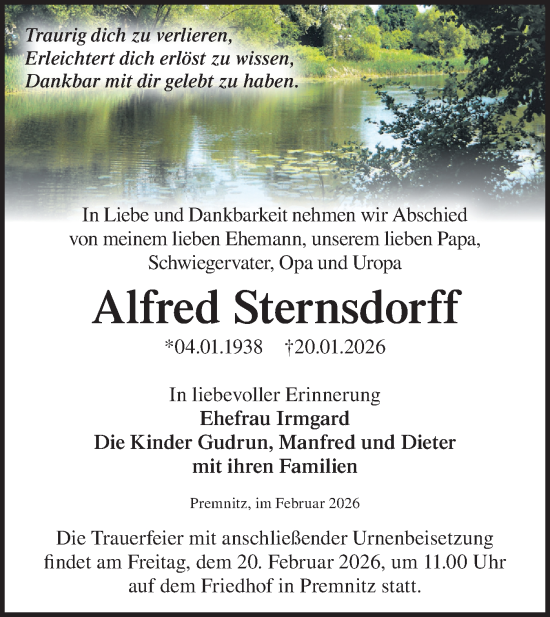 Traueranzeige von Alfred Sternsdorff von Märkische Oderzeitung