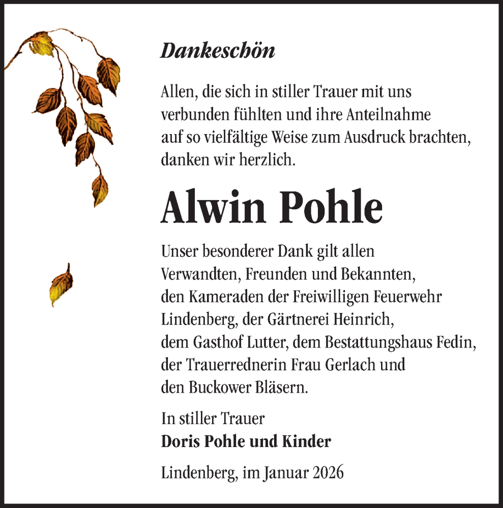  Traueranzeige für Alwin Pohle vom 07.02.2026 aus Märkische Oderzeitung