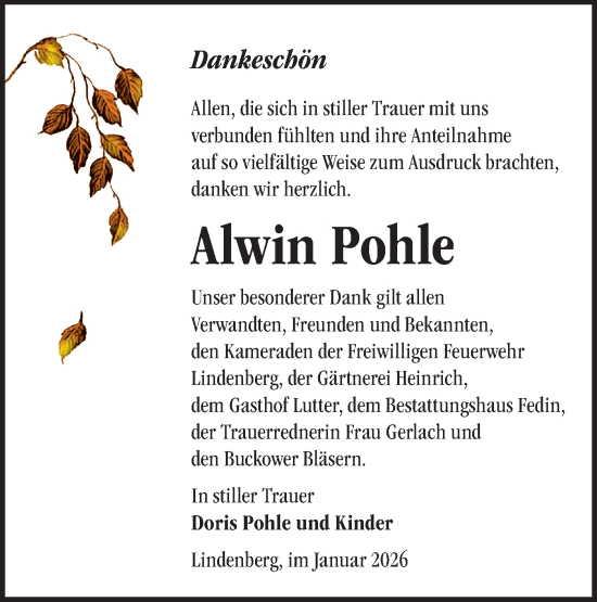 Traueranzeige von Alwin Pohle von Märkische Oderzeitung