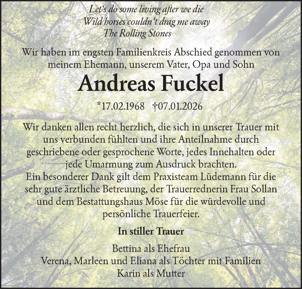  Traueranzeige für Andreas Fuckel vom 14.02.2026 aus MO Oderld.-Echo