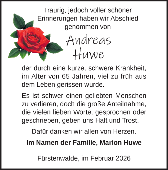 Traueranzeige von Andreas Huwe von Märkische Oderzeitung