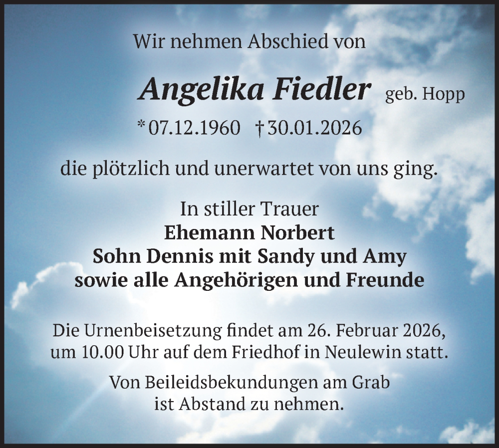  Traueranzeige für Angelika Fiedler vom 14.02.2026 aus MO Oderld.-Echo