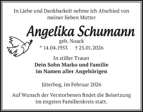 Traueranzeige von Angelika Schumann von Blickpunkt Jüterbog/Luckenwalde