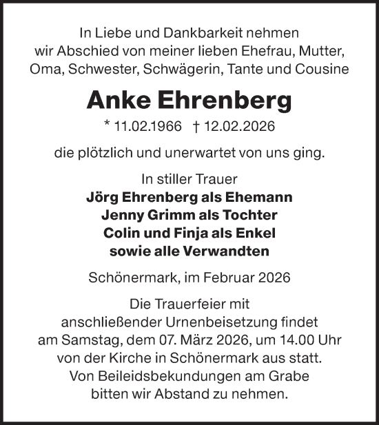 Traueranzeige von Anke Ehrenberg von MO Uckerm.-Anz.