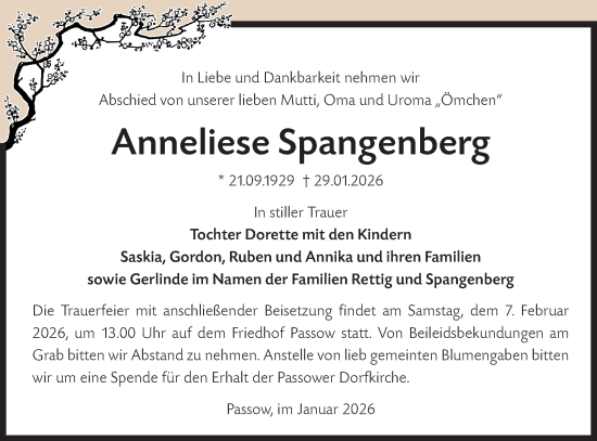 Traueranzeige von Anneliese Spangenberg von MO Uckerm.-Anz.