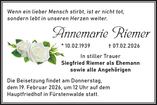 Traueranzeige von Annemarie Riemer von Märkische Oderzeitung