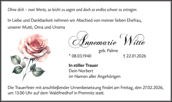 Traueranzeige von Annemarie Witte von Märkische Oderzeitung