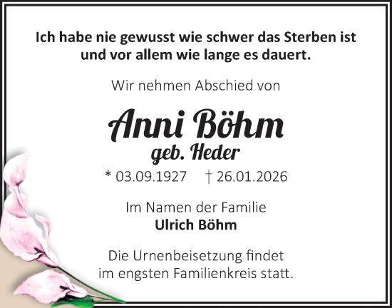 Traueranzeige von Anni Böhm von Märkische Oderzeitung