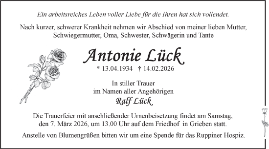 Traueranzeige von Antonie Lick von Märkische Oderzeitung