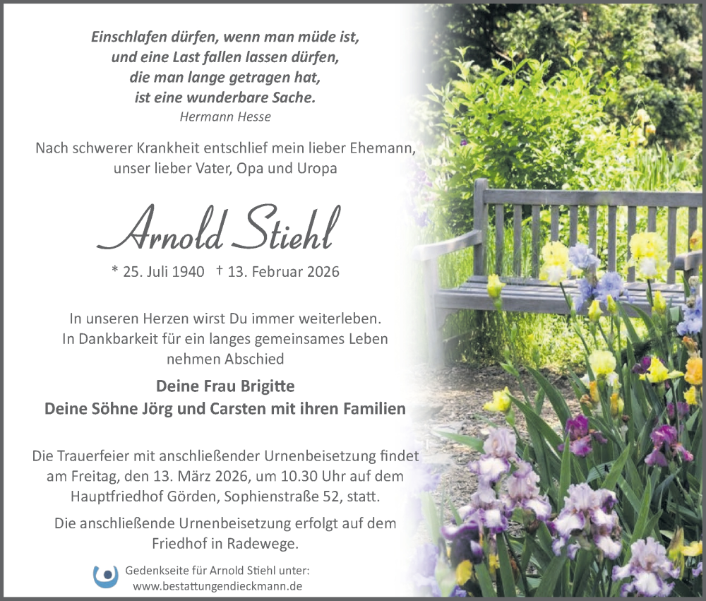  Traueranzeige für Arnold Stöhl vom 21.02.2026 aus Märkische Oderzeitung