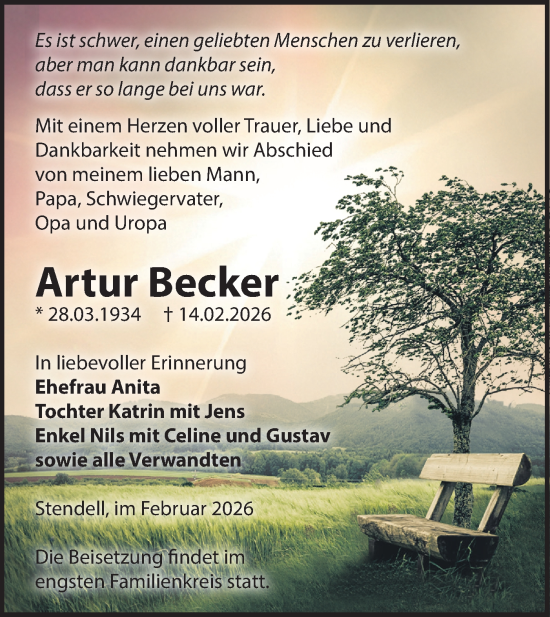 Traueranzeige von Artur Becker von MO Uckerm.-Anz.