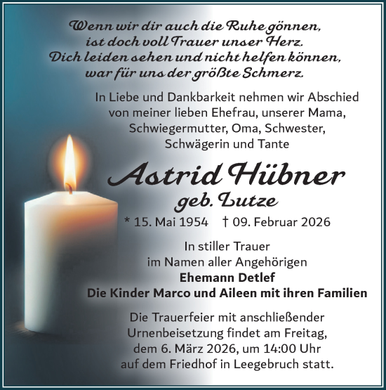 Traueranzeige von Astrid Hübner von Märkische Oderzeitung