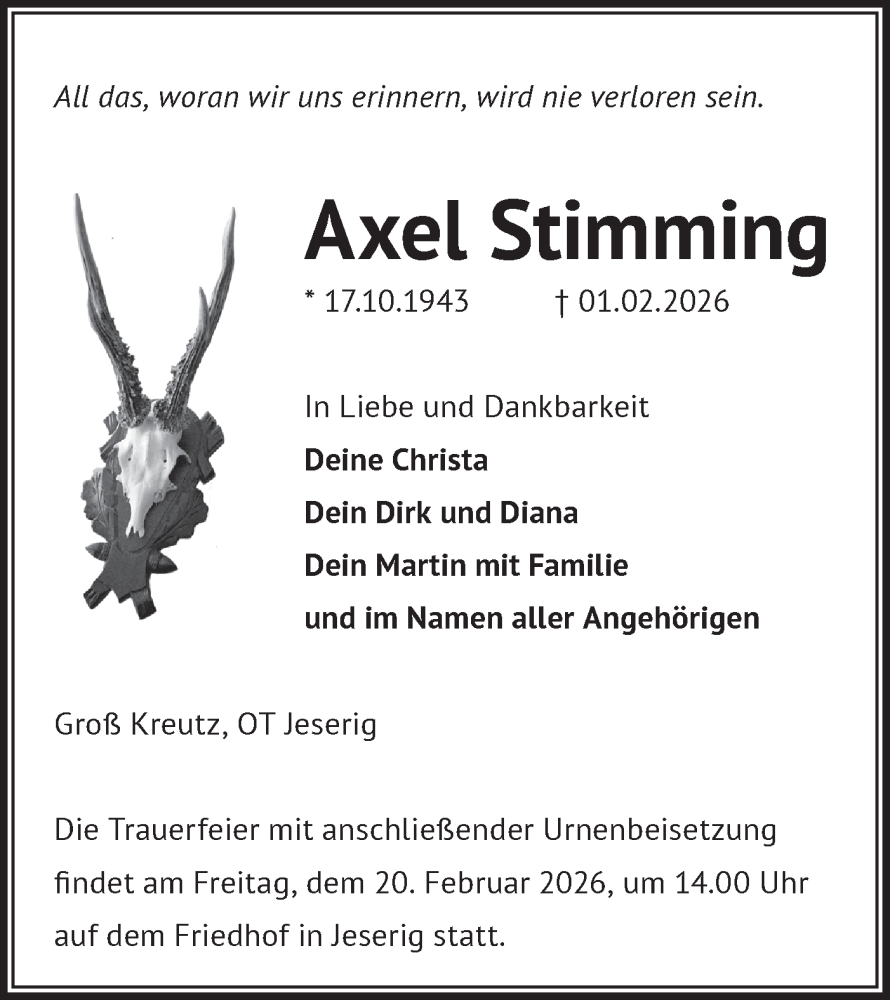  Traueranzeige für Axel Stimming vom 07.02.2026 aus Märkische Oderzeitung