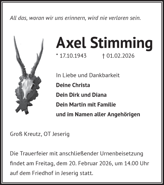Traueranzeige von Axel Stimming von Märkische Oderzeitung