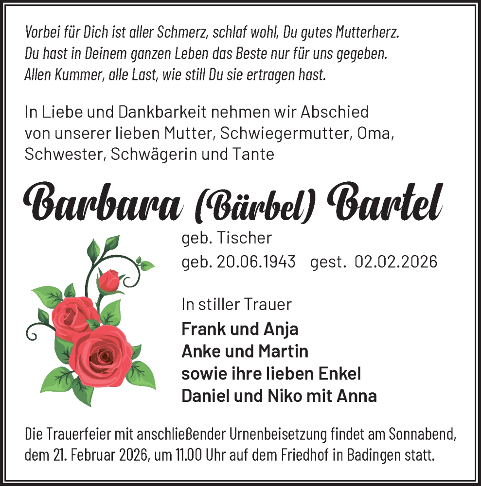  Traueranzeige für Barbara Bartel vom 14.02.2026 aus Märkische Oderzeitung