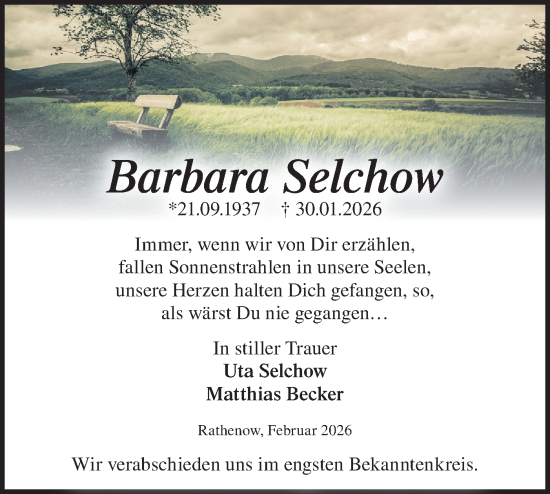 Traueranzeige von Barbara Selchow von Märkische Oderzeitung