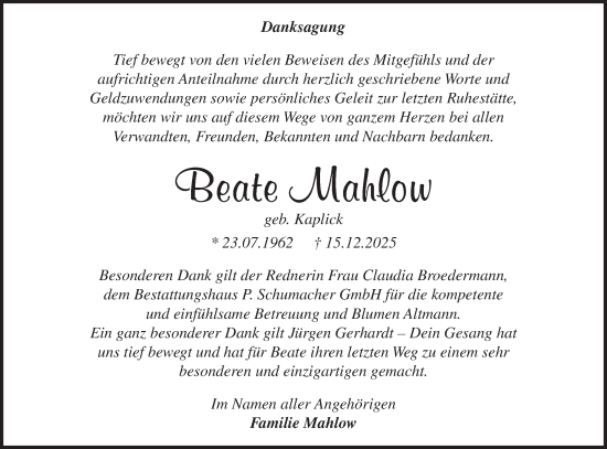 Traueranzeige von Beate Mahlow von Blickpunkt Jüterbog/Luckenwalde