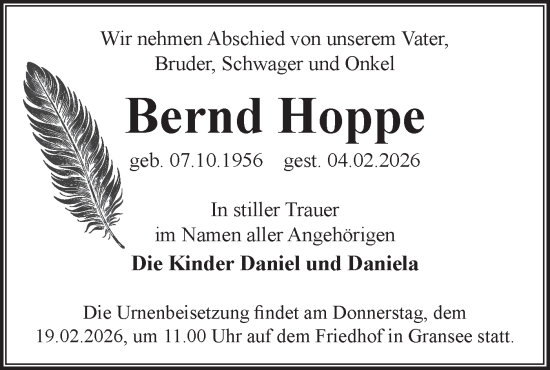Traueranzeige von Bernd Hoppe von Märkische Oderzeitung
